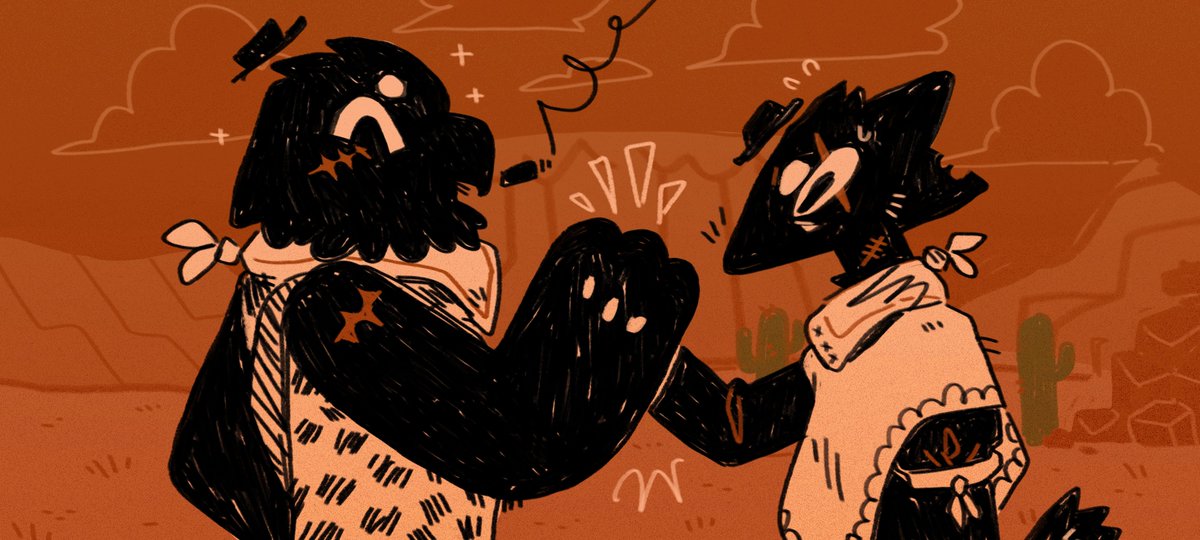 Art of a bird and coyote cowboy having a strong handshake