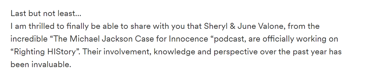 SaneMJfan (@sanemjfan) on Twitter photo Congrats to <a href="/Case4Innocence/">The Michael Jackson Case for Innocence Podcast</a>! Sheryl & June have been working with <a href="/tajjackson3/">Taj Jackson</a> on his "Righting HIStory" docu-series over the past year! 👏👏👏
(Taj shared this news in the recent update to his Gofundme page.)
#MJFam #MichaelJackson Congrats to <a href="/Case4Innocence/">The Michael Jackson Case for Innocence Podcast</a>! Sheryl & June have been working with <a href="/tajjackson3/">Taj Jackson</a> on his "Righting HIStory" docu-series over the past year! 👏👏👏
(Taj shared this news in the recent update to his Gofundme page.)
#MJFam #MichaelJackson