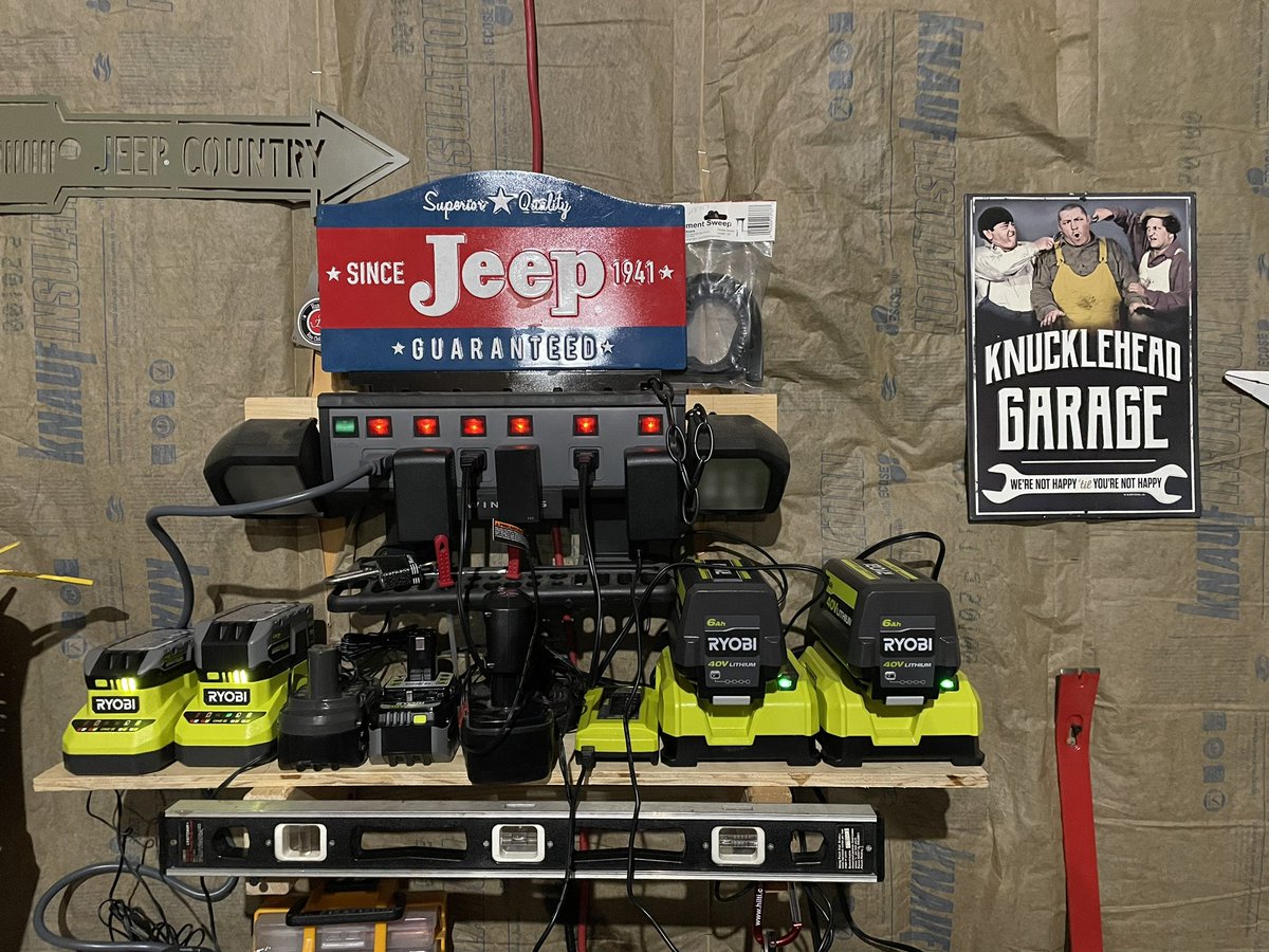 GunthorTM's tweet photo. Ad hoc project, built a shelf for some of the chargers for various tools and equipment #homeownerfun #vacationproject #scrapwoodused https://t.co/MQH7aCoBGP