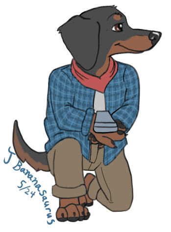 JBananasaurus's tweet photo. Nux the dachshund treasure hunter for my partner! The short-limbed proportions were challenging for me! #art #oc #furry https://t.co/BtZAjd1QZO