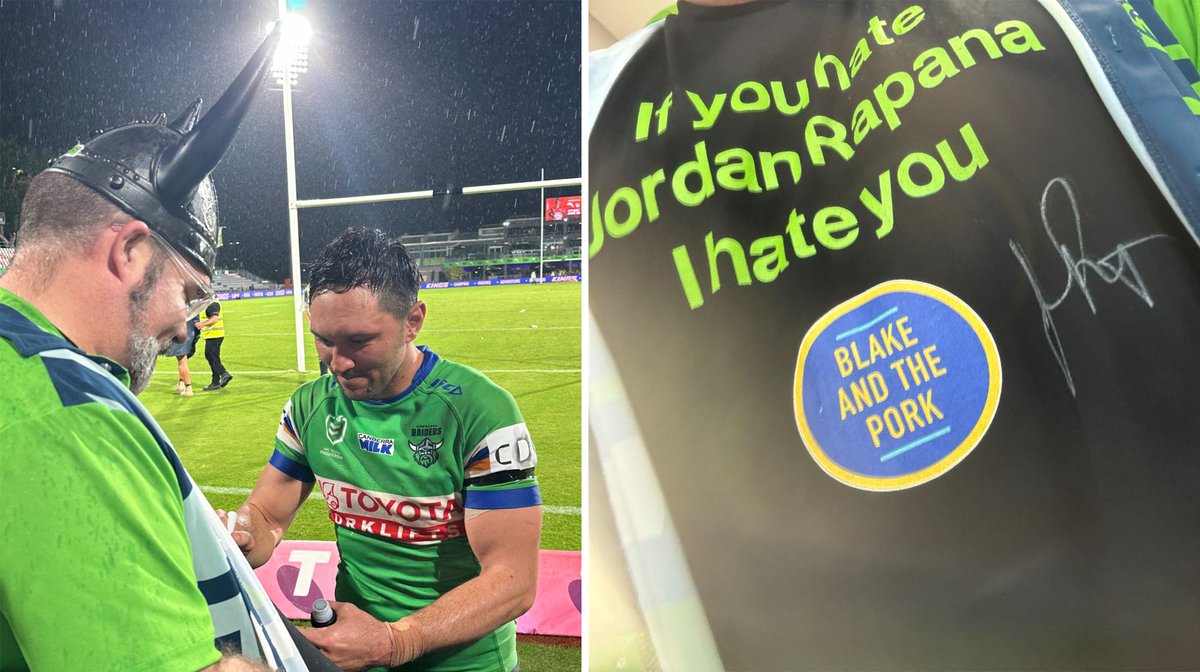 What a night for Rapana and for Raiders super-fan Tony, getting his shirt signed by the man himself.

Get yours now! buff.ly/4bHzcNw

#CanberraRaiders #UpTheMilk