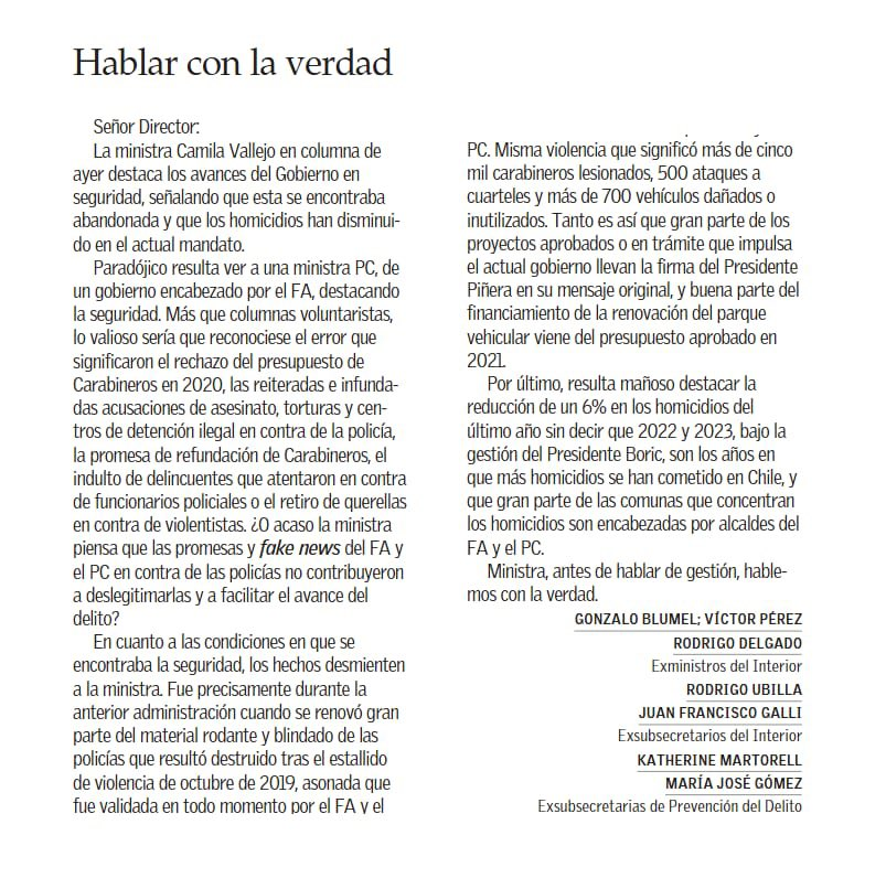 🗣️ OPINIÓN | Nuestro exministro Gonzalo Blumel, junto a otras exautoridades del Ministerio del Interior refuta con datos y cifras, la llamativa columna de ayer de la vocera de Gobierno 🔽