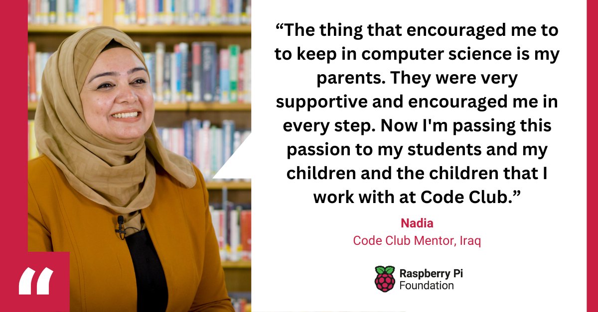 RaspberryPi_org's tweet image. Nadia started volunteering with Code Club while studying for her PhD in London.
Now, she is pursuing her goal of introducing a Code Club in every school in Iraq 🇮🇶
#MyCodingStory #BeInspired