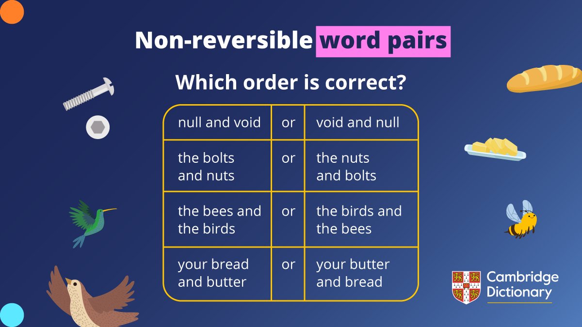 CambridgeWords's tweet photo. This week, we’re sharing some non-reversible word pairs! 🤝
🔀 Do you know which way round they go?
Enjoy learning about word pairs? Find more in this blog post! 👉
https://t.co/U3nFAf5kAp
#CambridgeDictionary #Vocabulary #WordPairs https://t.co/RTPnUTooK3