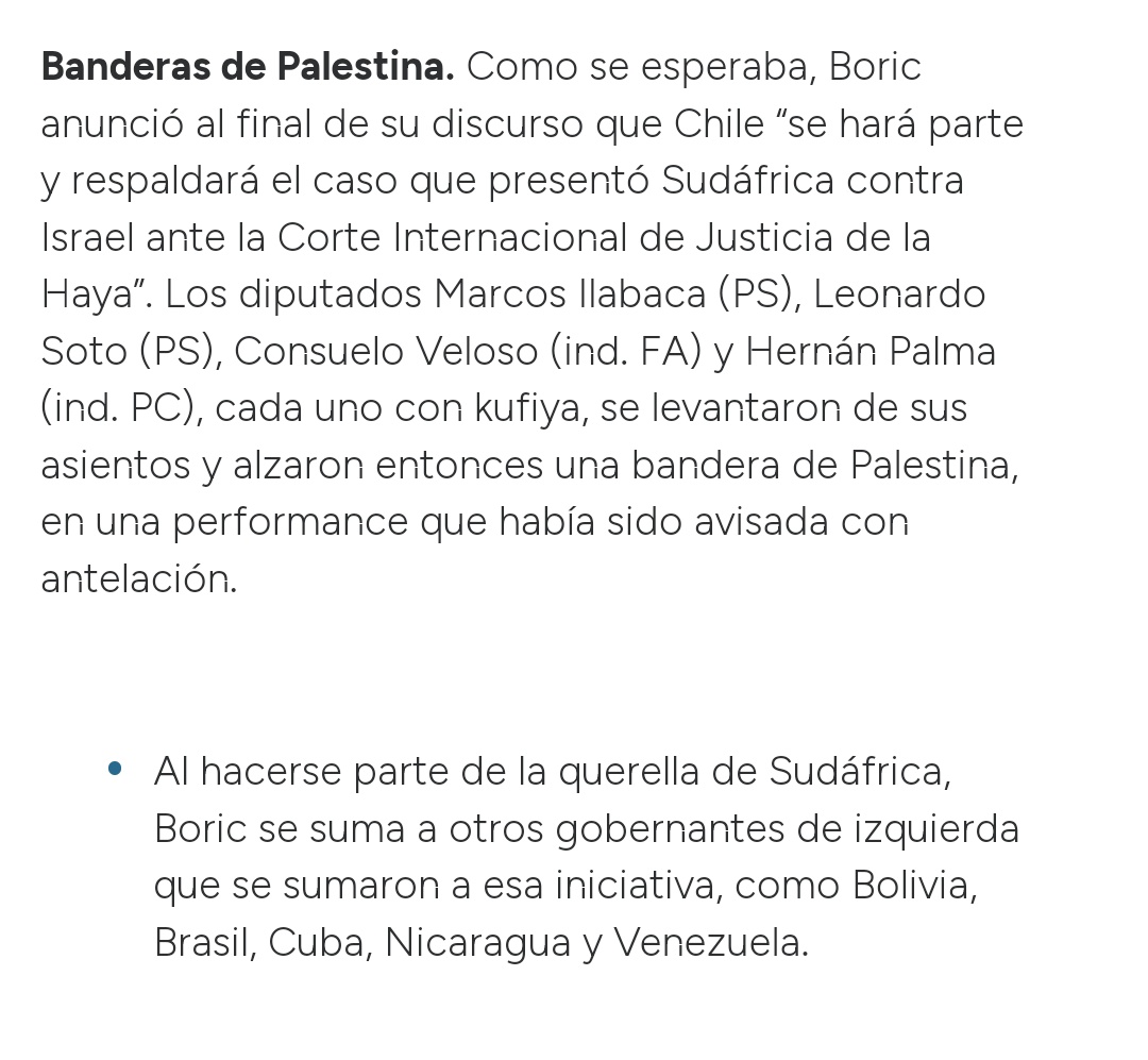 Ex Ante dice que la decisión de Chile de intervenir en el caso de Sudáfrica vs Israel ante la Corte Internacional de Justicia se suma a otros como Bolivia, Brasil, Cuba, Nicaragua y Venezuela. Falso Falso Falso Falso Y más falso