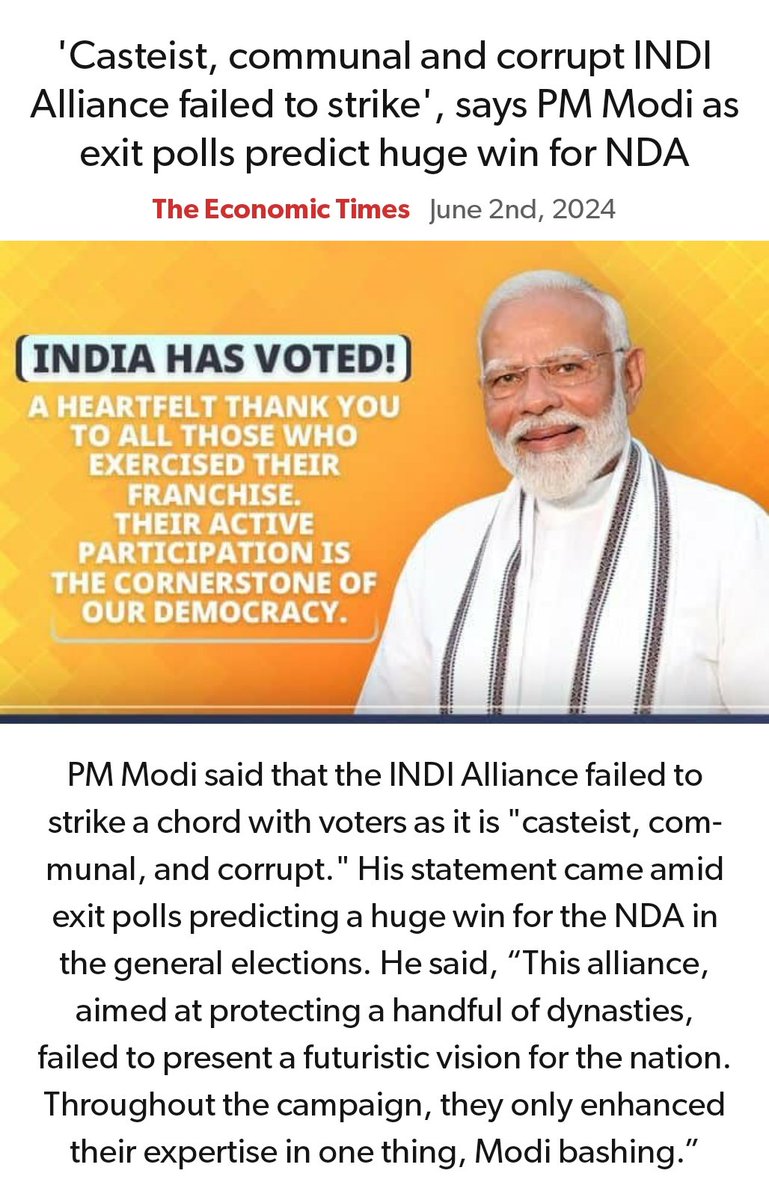 'Casteist, communal and corrupt INDI Alliance failed to strike', says PM Modi as exit polls predict huge win for NDA
economictimes.indiatimes.com/news/elections… via NaMo App