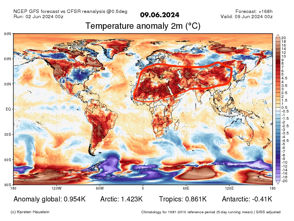 7-day forecast 09.06.2024

Heat is struggling to build 🆙 in the N Hemisphere  , to be honest 
Our favorite #heatblob will spread , from N #Africa  to N #China 
A real #heatwave will come to NW #America coast

#ClimateCrisis #ClimateEmergency #ClimateChange