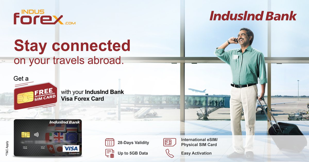 MyIndusIndBank's tweet photo. Stay connected effortlessly on your global adventures! Enjoy a complimentary SIM* with your IndusInd Bank Visa Forex Card.
To Know more, visit: https://t.co/8kPpeJq2Bk
*T&C apply.
#IndusIndBank #VisaForexCard #FreeSIMCard #InternationalTravel #InternationalCalls #Visa #Offer https://t.co/kjRzhXkQ42