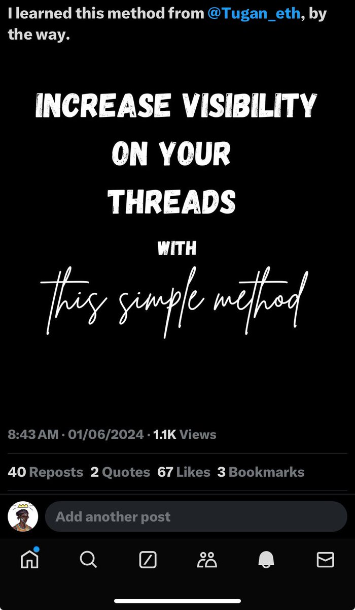 I followed a simple method while teaching you to do the same. 

Did it work? Yes!

⚪️ 67 likes
⚪️ 40 retweets
⚪️ 2 quote tweets
⚪️ 1.1K views

All in less than 24 hours.

So, why haven't you implemented @Tugan_eth's Juggernaut thread method yet? 👀