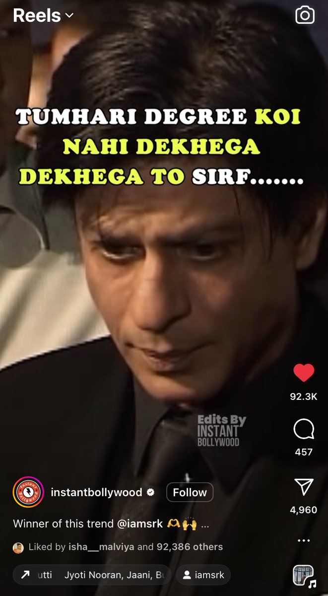 Instant Bollywood made a reel on
#PaonKiJutti with caption - winner of this trend, SRK!! 🔥🔥

#IshaMalviya #SRK