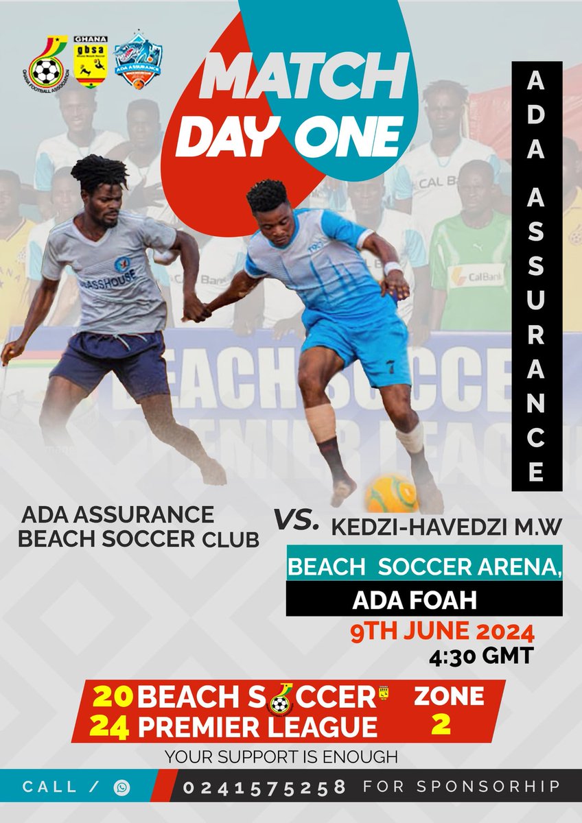 assurancebsc's tweet photo. Join for another session of hot, exciting and fun packed beach soccer fiesta at the Ada beach soccer arena on the 9th of June at 4:30pm. Counting on your usual massive support 💯💯 @SaddickAdams @gyaigyimii @Joy997FM @addojunr https://t.co/T2mWkWqpBv