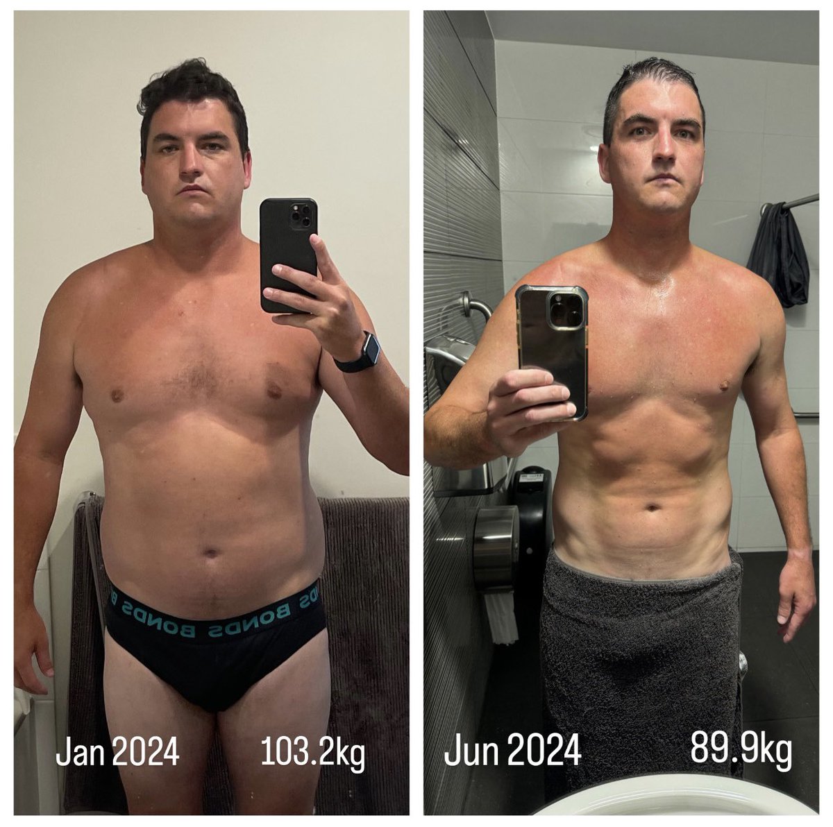 1/3 January 2024 - 103.2kg ➡️ June 2024 - 89.9kg Start of 2024, I decided to make a change to my physical and mental health - I looked in the mirror and was disappointed in myself. I decided to make some changes