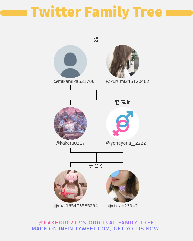 kakeru0217's tweet photo. 👨‍👩‍👧‍👦 私のTwitter家族:
👫 親: @mikamika531706 @kurumi246120462
👰 配偶者: @yonayona__2222
👶 子ども: @mai165473585294 @riatan23342

➡️ https://t.co/gwGIiPigke https://t.co/ouBvRBqqfT
