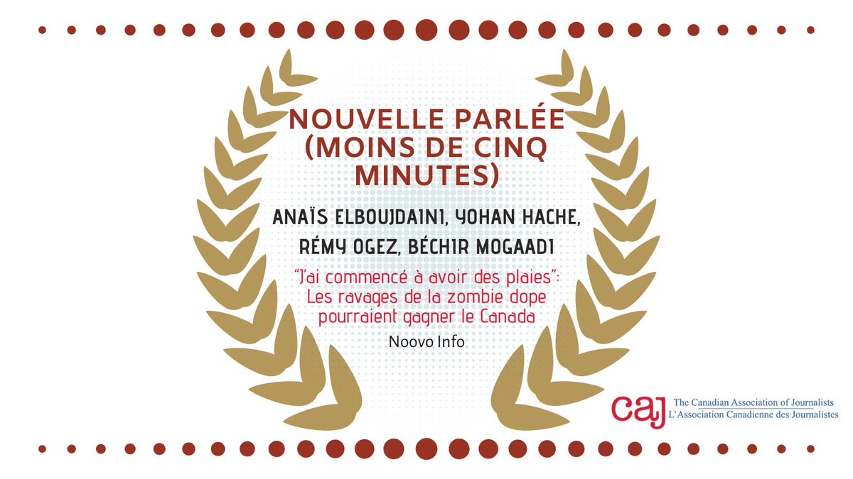 Canadian Association of Journalists (@caj) on Twitter photo Les gagnants de la catégorie Nouvelle Parlée (moins de cinq minute) sont :
🏆 <a href="/AnaisElboujda/">Anaïs Elboujdaïni | elle/she/her</a> et l’équipe de Noovo Info
L’histoire: noovo.info/video/jai-comm…
Félicitations, Anaïs, Yohan, Rémy et Béchir !
#prixacj Les gagnants de la catégorie Nouvelle Parlée (moins de cinq minute) sont :
🏆 <a href="/AnaisElboujda/">Anaïs Elboujdaïni | elle/she/her</a> et l’équipe de Noovo Info
L’histoire: noovo.info/video/jai-comm…
Félicitations, Anaïs, Yohan, Rémy et Béchir !
#prixacj