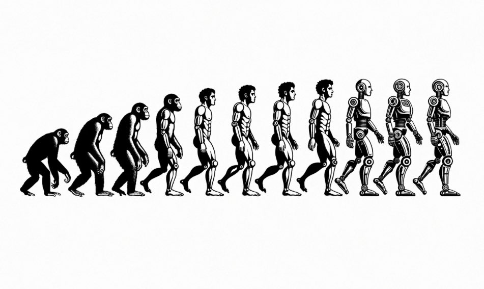 MindBranches's tweet photo. GPT-4o Prompt: Evolutionary diagram in black-and-white of monkeys, turning into humans turning into robots. https://t.co/qMrhHJyFQ0