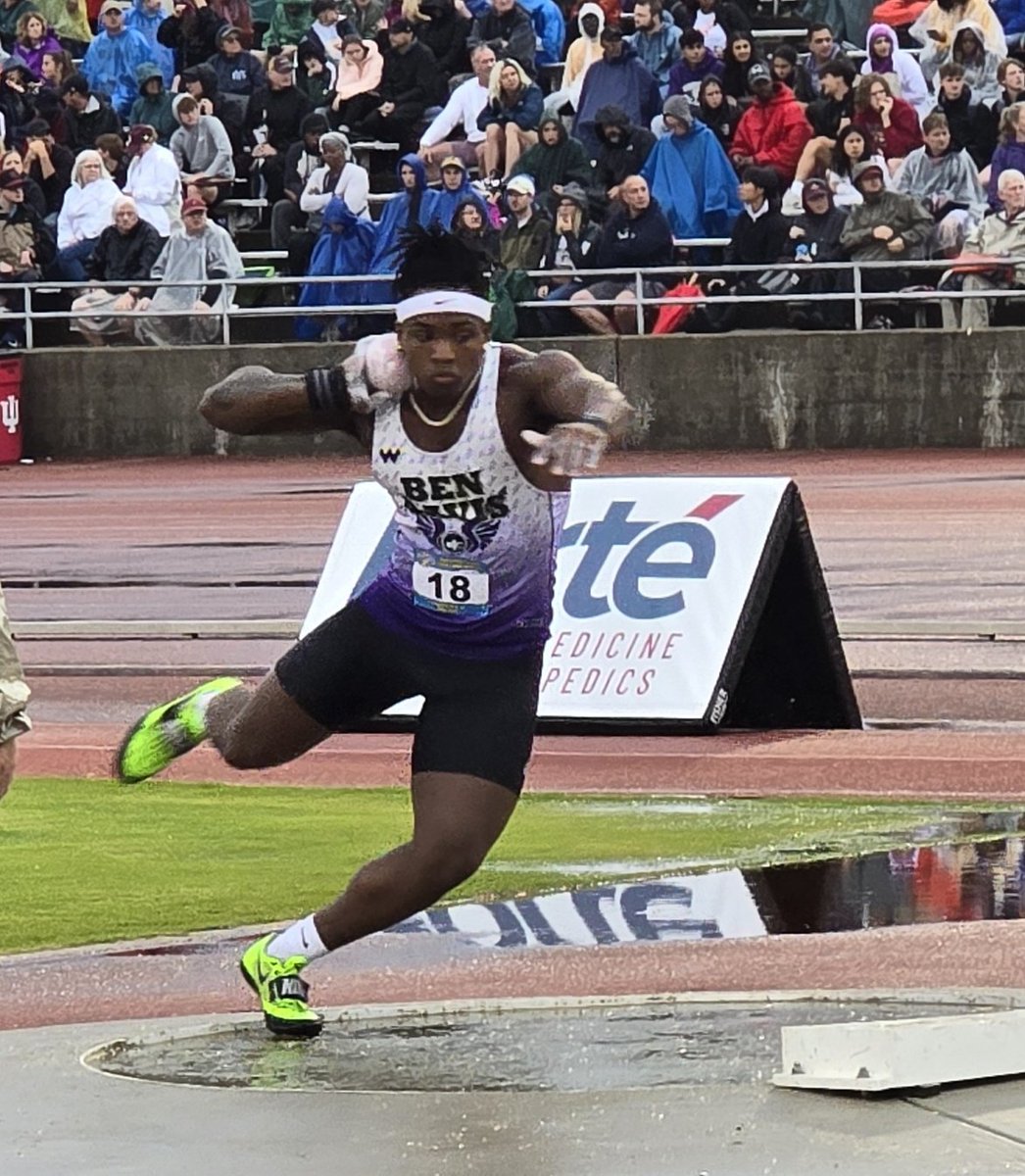Congrats to BD's newest State Champion- Nylon Brown! Tough weather conditions did not affect his drive and mental toughness as Nylon had a great series of 6 throws,  breaking his own school record with a PR 63'1.5", and captured the 2024 Indiana State Shot Put title!