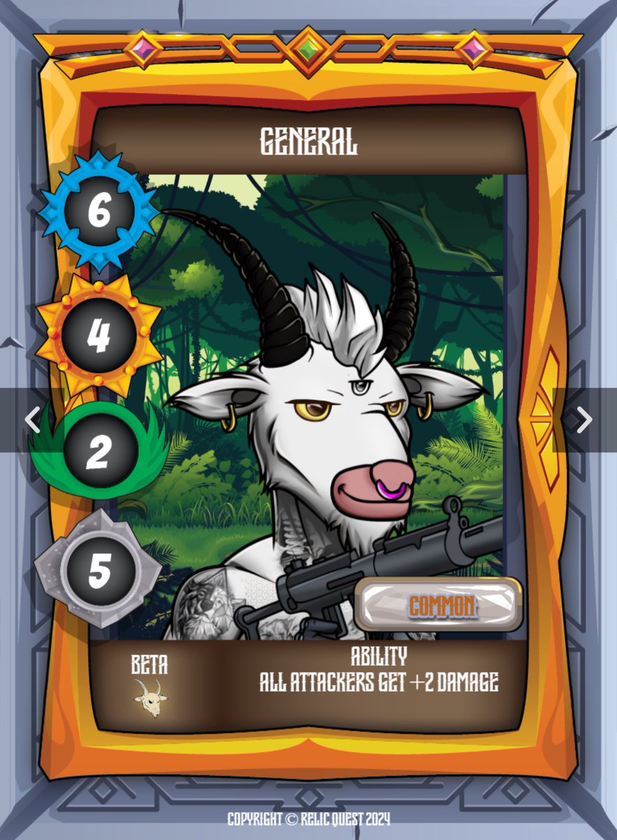 armyofgoatsnft's tweet photo. #relicquest card of the day #11
Set: Beta (masters of the metaverse)
Card name: general
Defense 6
Damage 4
Movement 2
Resources 5
Rarity Common
Ability: All attackers get +2 damage https://t.co/t8J56qjDaL