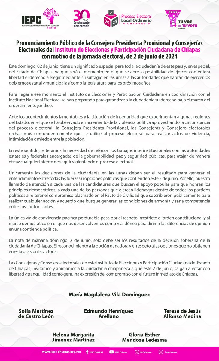 IEPCChiapas's tweet photo. Pronunciamiento público del Consejo General del @IEPCChiapas con motivo de la #JornadaElectoral del #2DeJunio de 2024 https://t.co/vnMdz0jXiO
