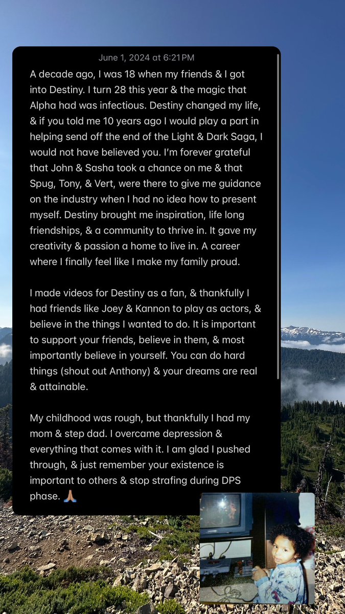 Zxckery's tweet photo. A bunch of words about Destiny, &amp; how it impacted my life. 

I hope this leaves someone inspired &amp; hopeful in their life. 

To everyone at Bungie, working with all of you on my favorite game is such an honor. 💙💫 https://t.co/Mr156BCEdQ