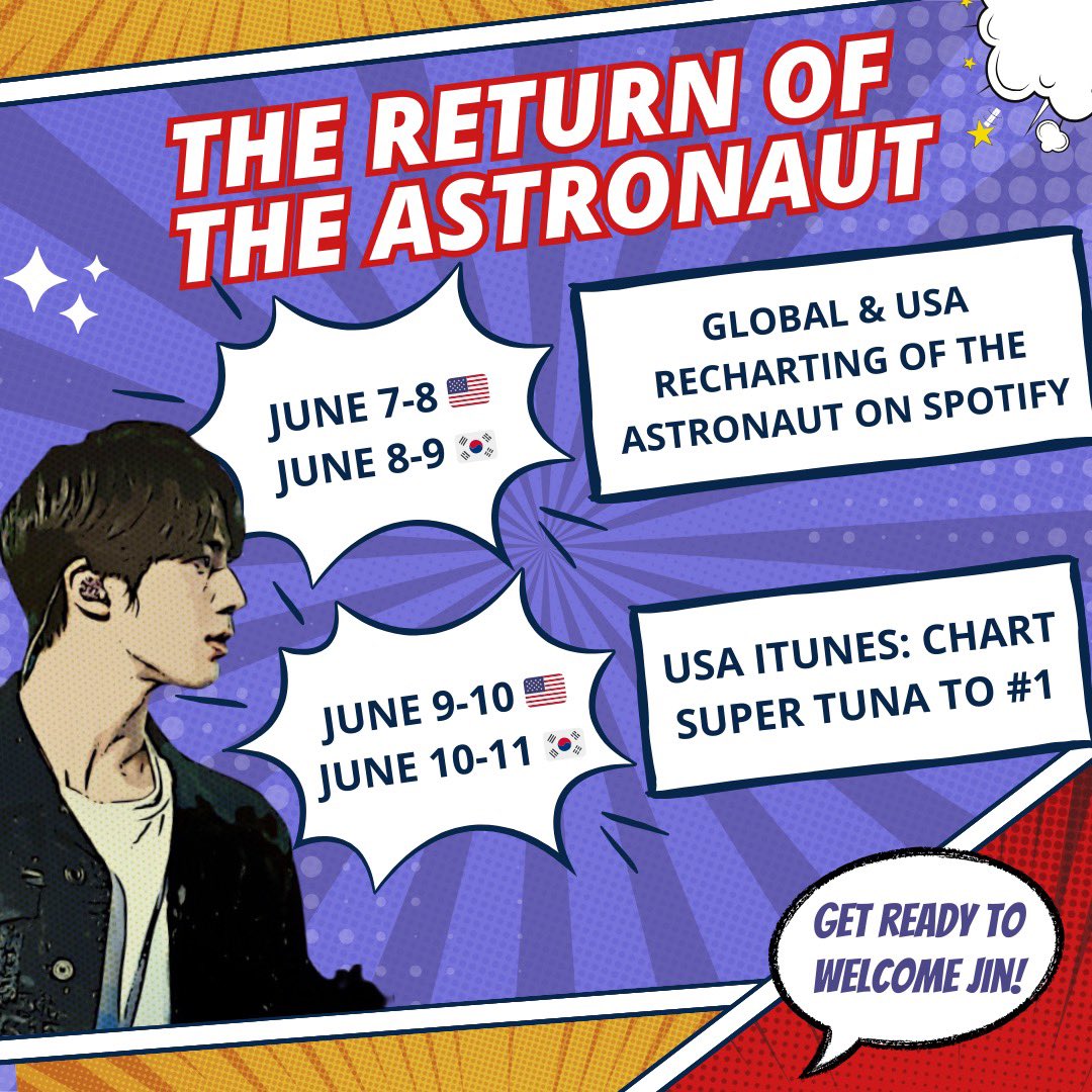 ARMY 💜

Join us for the 'The Return of The Astronaut' & welcome our beloved Jin back‼️

🎯 Rechart The Astronaut on Global / USA Spotify
🗓 June 7-8 US 🇺🇸 | June 8-9 KST 🇰🇷

🎯 Chart Super Tuna to No 1 on US iTunes
🗓 June 9-10 US 🇺🇸 | June 10-11 KST 🇰🇷

#TheReturnOfTheAstronaut