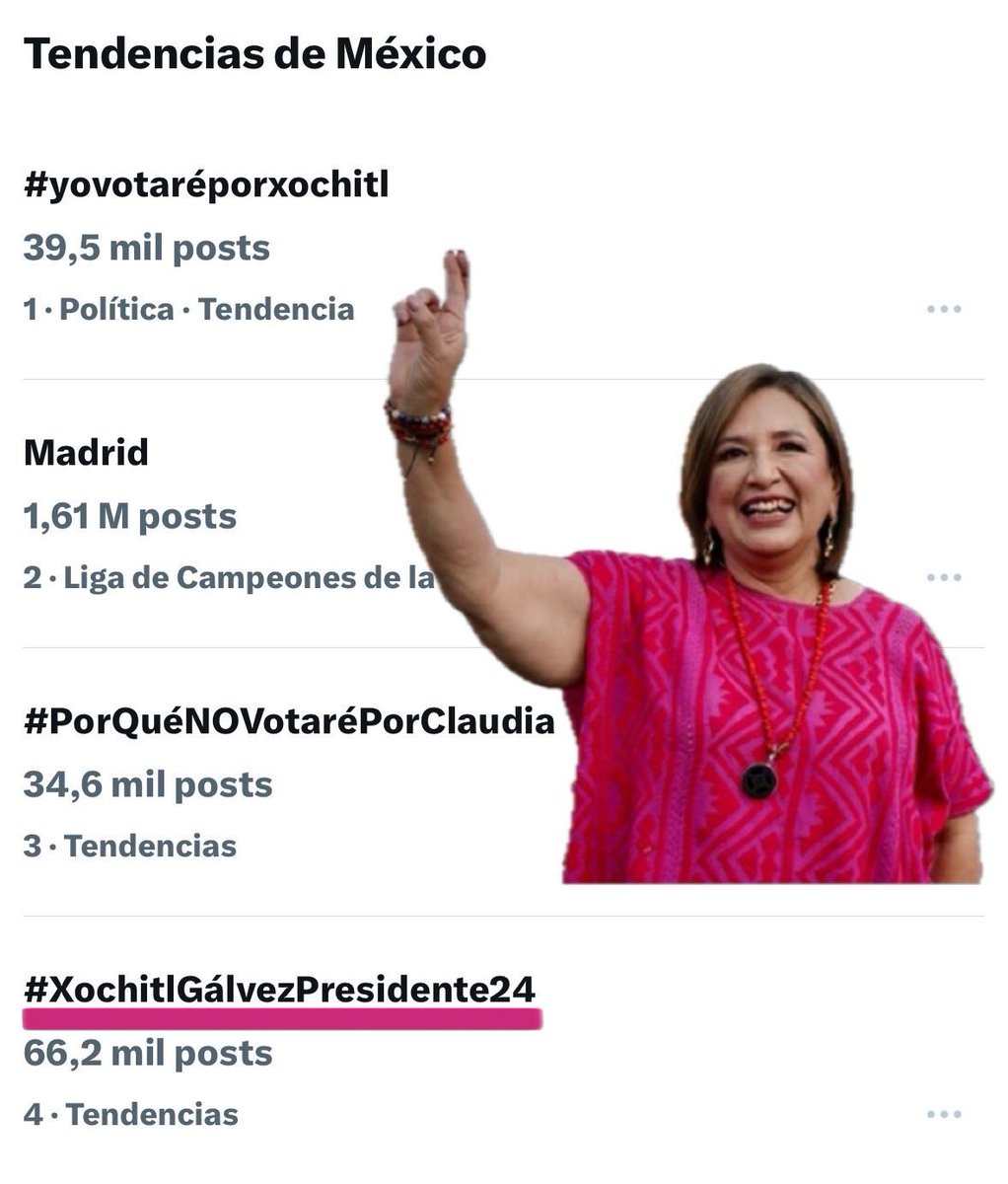 Marcela_Feraud's tweet photo. ¡Señores, son ustedes unos Xingones! Ya es tendencia #𝐗𝐨𝐜𝐡𝐢𝐭𝐥𝐆á𝐥𝐯𝐞𝐳𝐏𝐫𝐞𝐬𝐢𝐝𝐞𝐧𝐭𝐞𝟐𝟒

Lo logramos. ¡Vamos por los 💯 mil posts! 

#PorQuéNOVotaréPorClaudia porque #YoVotaréPorXochitl 

Deposita aquí tu #𝐗𝐨𝐜𝐡𝐢𝐭𝐥𝐆á𝐥𝐯𝐞𝐳𝐏𝐫𝐞𝐬𝐢𝐝𝐞𝐧𝐭𝐞𝟐𝟒 🤞🏻🩷 https://t.co/X9T1RGpbUy