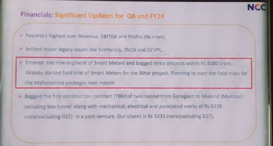Investment theme for one year.. in view of #smartmeter.

#NCC 👌

The company  has received an order worth Rs.8080 crore for the smart meter...
Last year company has secured total order  Rs.26000 crore.

Keep in watch list..

#investment #stocktowatch #Stockmarket #stocktobuy