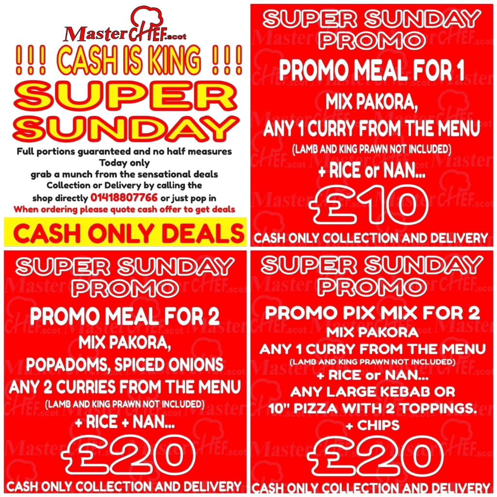 masterchef_scot's tweet image. CASH IS KING PROMO
Tuesdays Deals grab a munch from the sensational deals Collection or Delivery by calling the shop directly 01418807766 CASH ONLY DEALS  (when placing the order you will have to mention PROMO) T&amp;amp;C