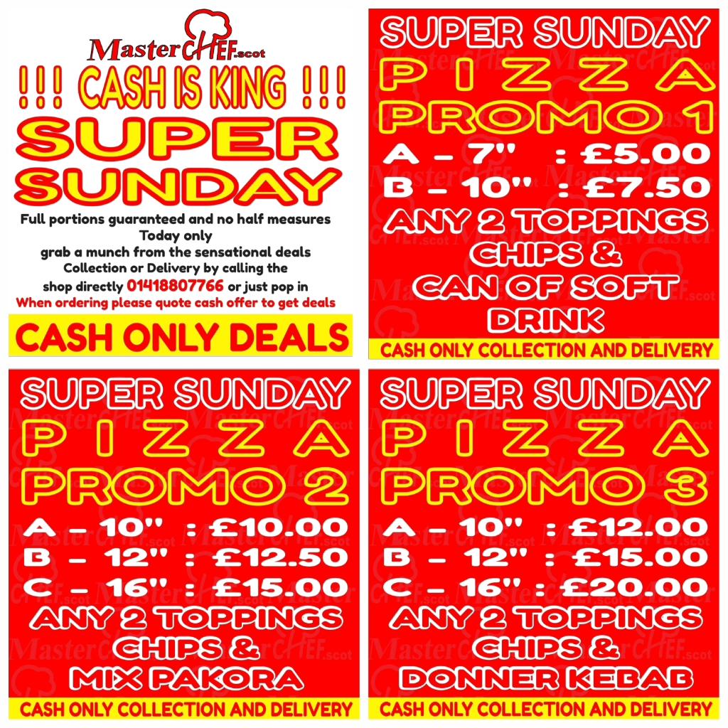 masterchef_scot's tweet image. CASH IS KING PROMO
Tuesdays Deals grab a munch from the sensational deals Collection or Delivery by calling the shop directly 01418807766 CASH ONLY DEALS  (when placing the order you will have to mention PROMO) T&amp;amp;C
