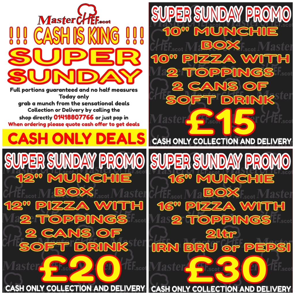 masterchef_scot's tweet image. CASH IS KING PROMO
Tuesdays Deals grab a munch from the sensational deals Collection or Delivery by calling the shop directly 01418807766 CASH ONLY DEALS  (when placing the order you will have to mention PROMO) T&amp;amp;C