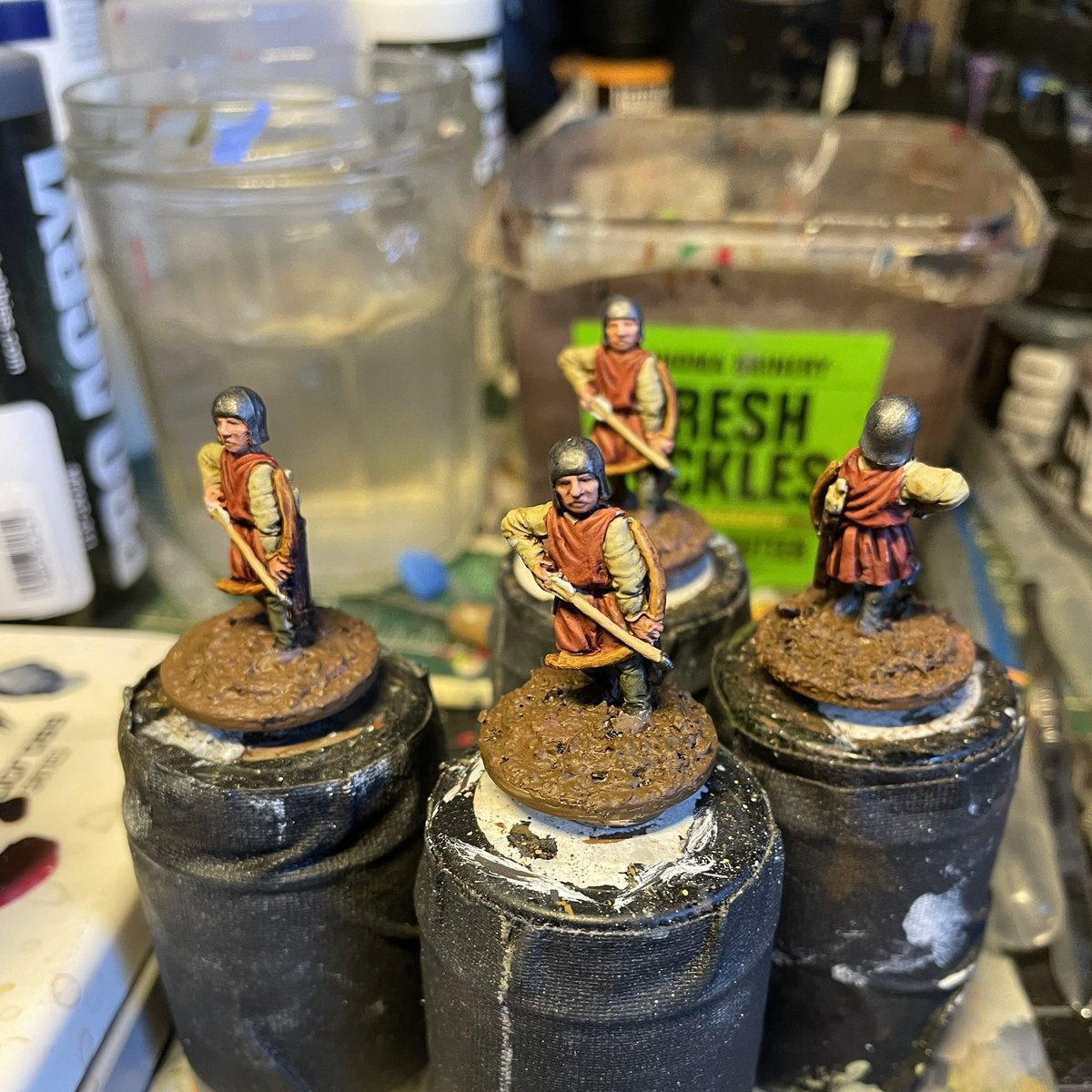 edallen's tweet photo. Conan and some Bossonian archers, from the late 70s Ral Partha Hyborian Age 25mm line. Mining deep into the lead mountain in my recent painting. https://t.co/uCOfjYbHyD
