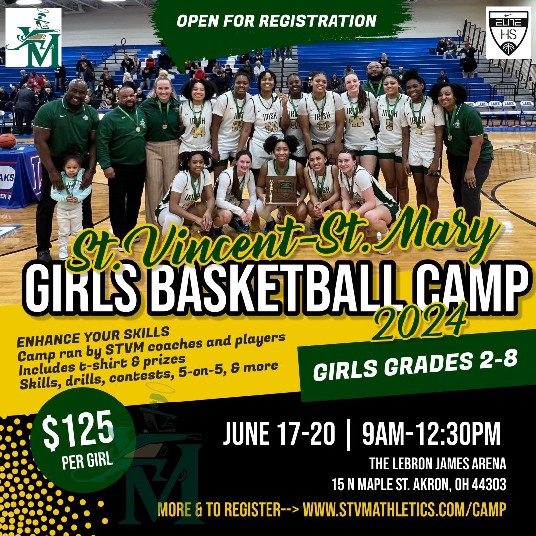 Youth Summer Camp is 16 days away! 
✅ #STVM players &amp; coaches ran 
✅ all age levels and skills levels welcome 
✅ camp t-shirt &amp; prizes 
✅ fundamental skill development, games and 5-on-5 live 
🔗 to 🪧 up : stvmathletics.com
#STVM #GoIrish 🔥