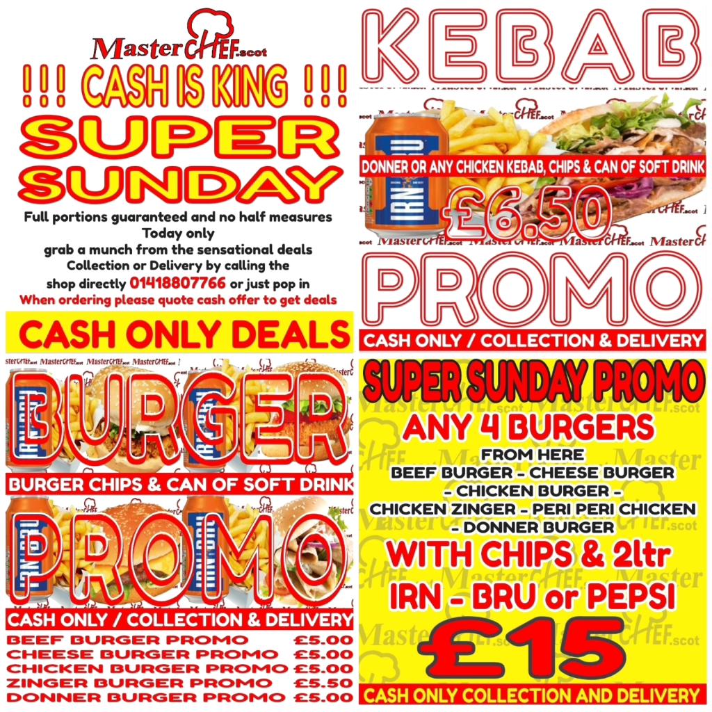 masterchef_scot's tweet image. CASH IS KING PROMO
Tuesdays Deals grab a munch from the sensational deals Collection or Delivery by calling the shop directly 01418807766 CASH ONLY DEALS  (when placing the order you will have to mention PROMO) T&amp;amp;C