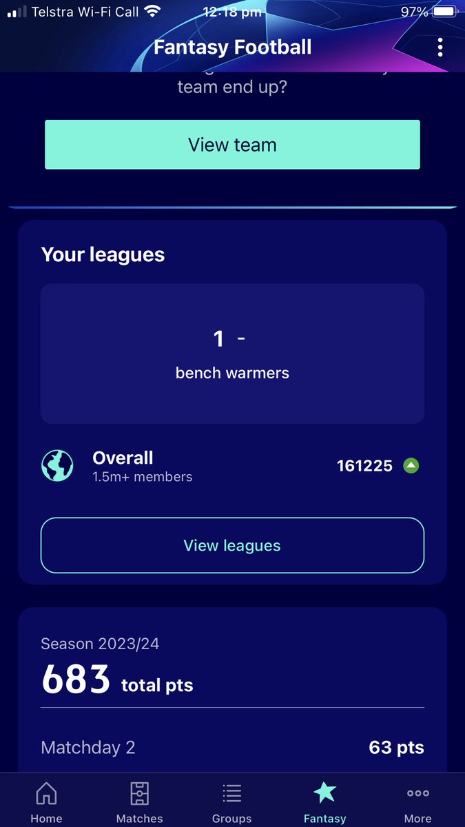 First time doing champion league and 
683 total points and missing Rd 1 , so over all happy