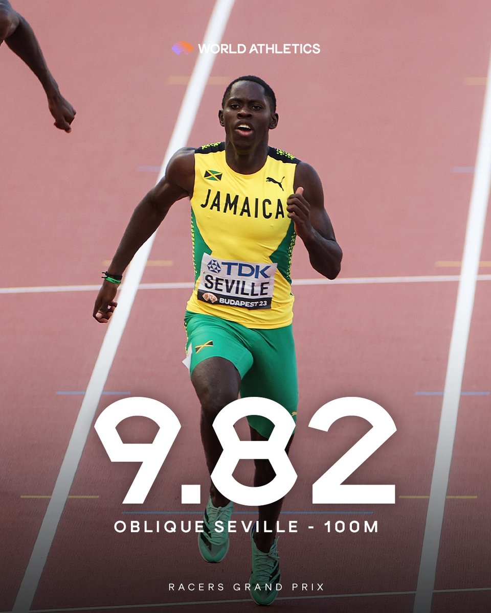 WorldAthletics's tweet image. Watch the name 🤯

🇯🇲&apos;s Oblique Seville takes down world champ Noah Lyles in Kingston with a world-leading 9.82m 100m 🔥

Meet record ✅
Personal best ✅ 
World lead ✅