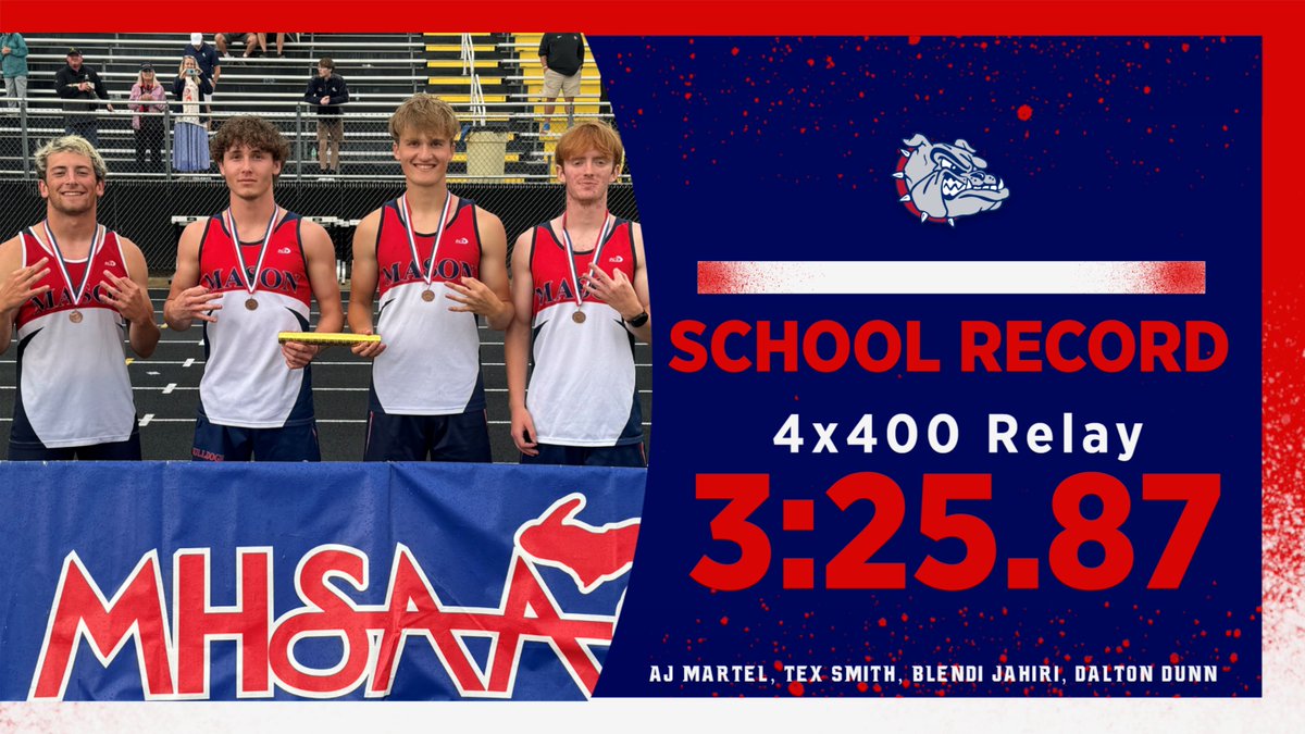Mason_Bulldogs's tweet photo. Congrats to AJ, Tex, Blendi, and Dalton on setting a new school record in the 4x400 relay! They were all-state with a 3rd place finish! Go Dawgs! https://t.co/GbX4AOyCtP