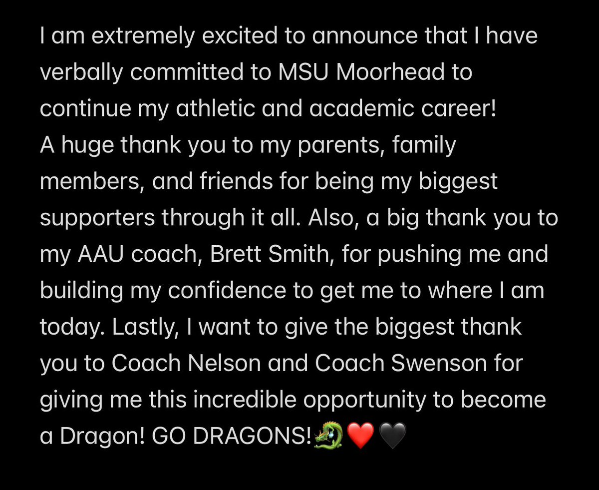 Go Dragons! 🐉❤️🖤 #commited #GoodDayToBeADragon 
<a href="/MSUM_WBB/">MSU Moorhead Women's BBall</a> <a href="/nelsnkar/">Coach Karla Nelson</a> <a href="/Coach_Swenson/">Coach Swenson</a> <a href="/BrettSmith1515/">Brett Smith</a>