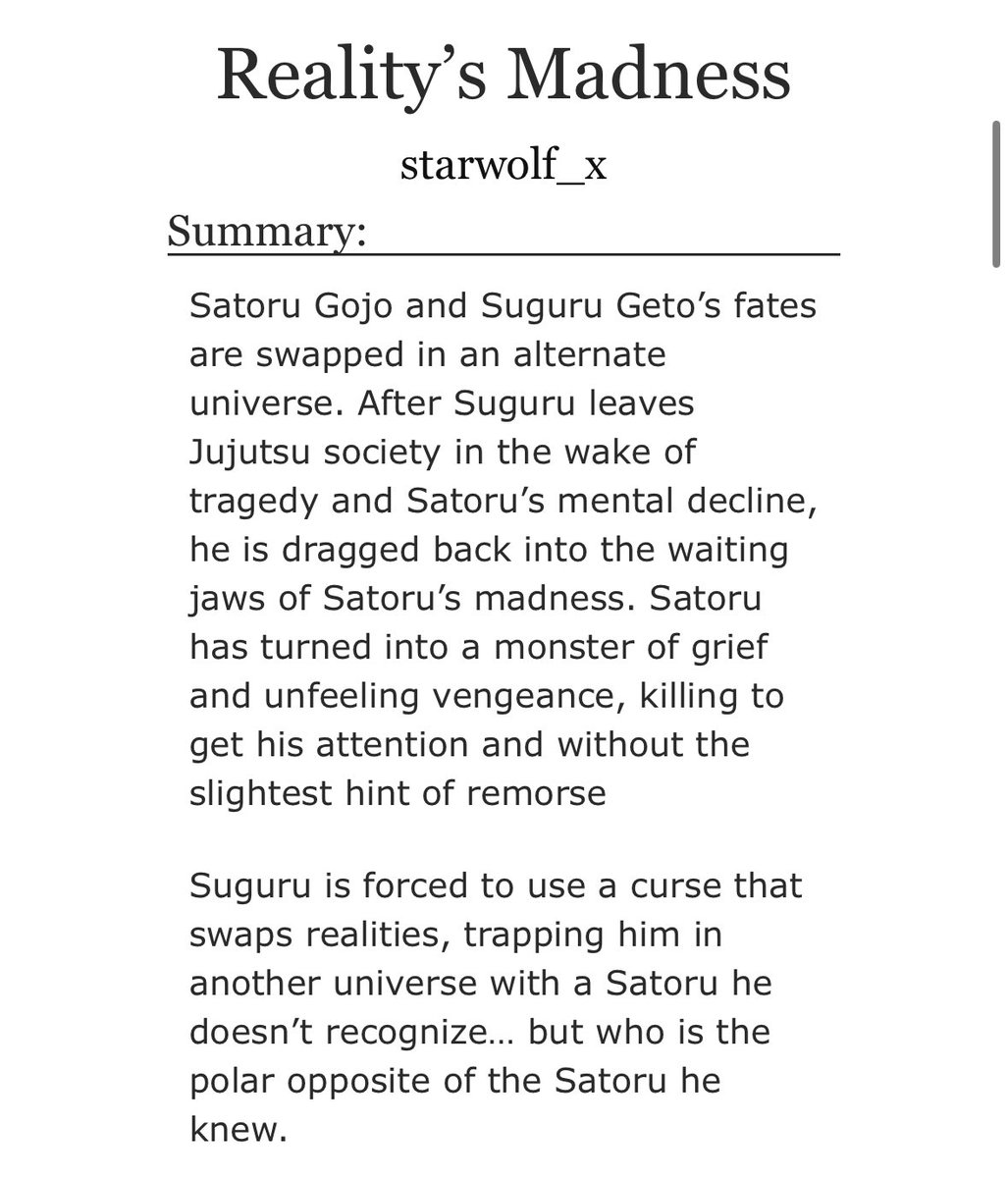 starwolf_x's tweet photo. Reality’s Madness

Huge JJK project featuring Satosugu as the prominent ship (but with time shenanigans). Hoping to develop/add more ships soon!

Read it here: https://t.co/8pCaMLPMRA https://t.co/PpOrIvatIJ