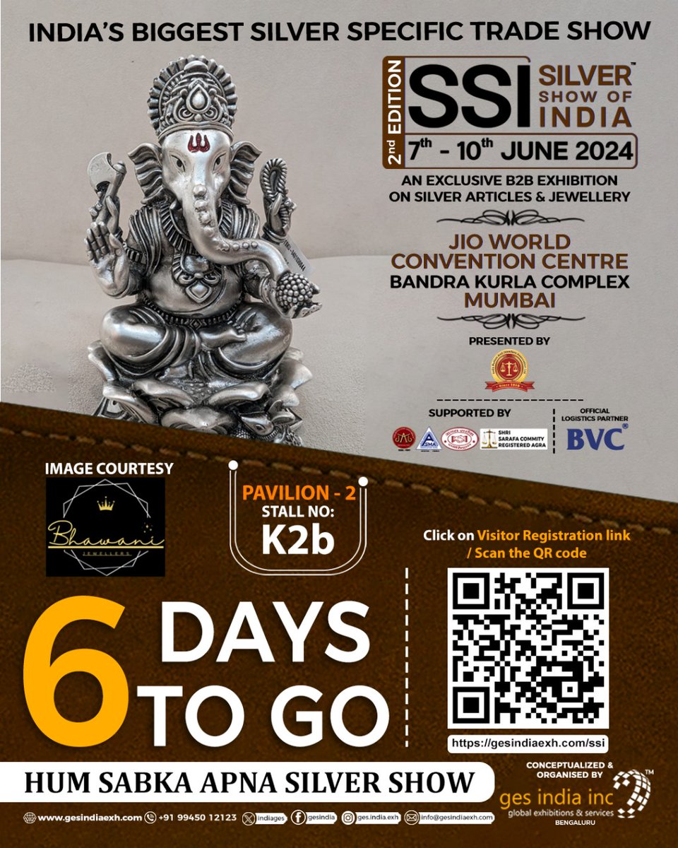 IndiaGes's tweet photo. 6 DAYS TO GO!!!!
Get ready to be dazzled at our upcoming show - India's Biggest Silver Specific Trade Show "SILVER SHOW OF INDIA", A B2B Exhibition.

Venue : Jio World Convention Centre, BKC, Mumbai
Date : 7th to 10th June 2024

Register 👉 https://t.co/j6xoF8attM https://t.co/QkmaY6LpYe