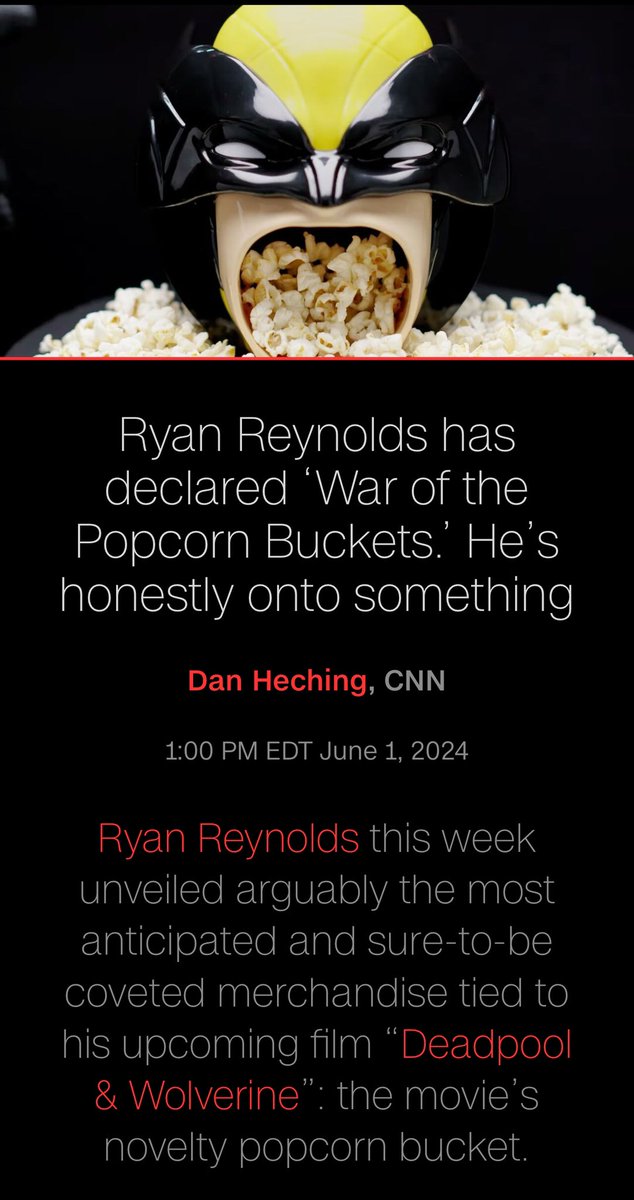 AMCcheerleader's tweet photo. CNN: Ryan Reynolds praises $AMC's innovative fun popcorn buckets, making moviegoing more enjoyable than ever! 😁🍿 #AMCTheatres https://t.co/dXg3y648zD