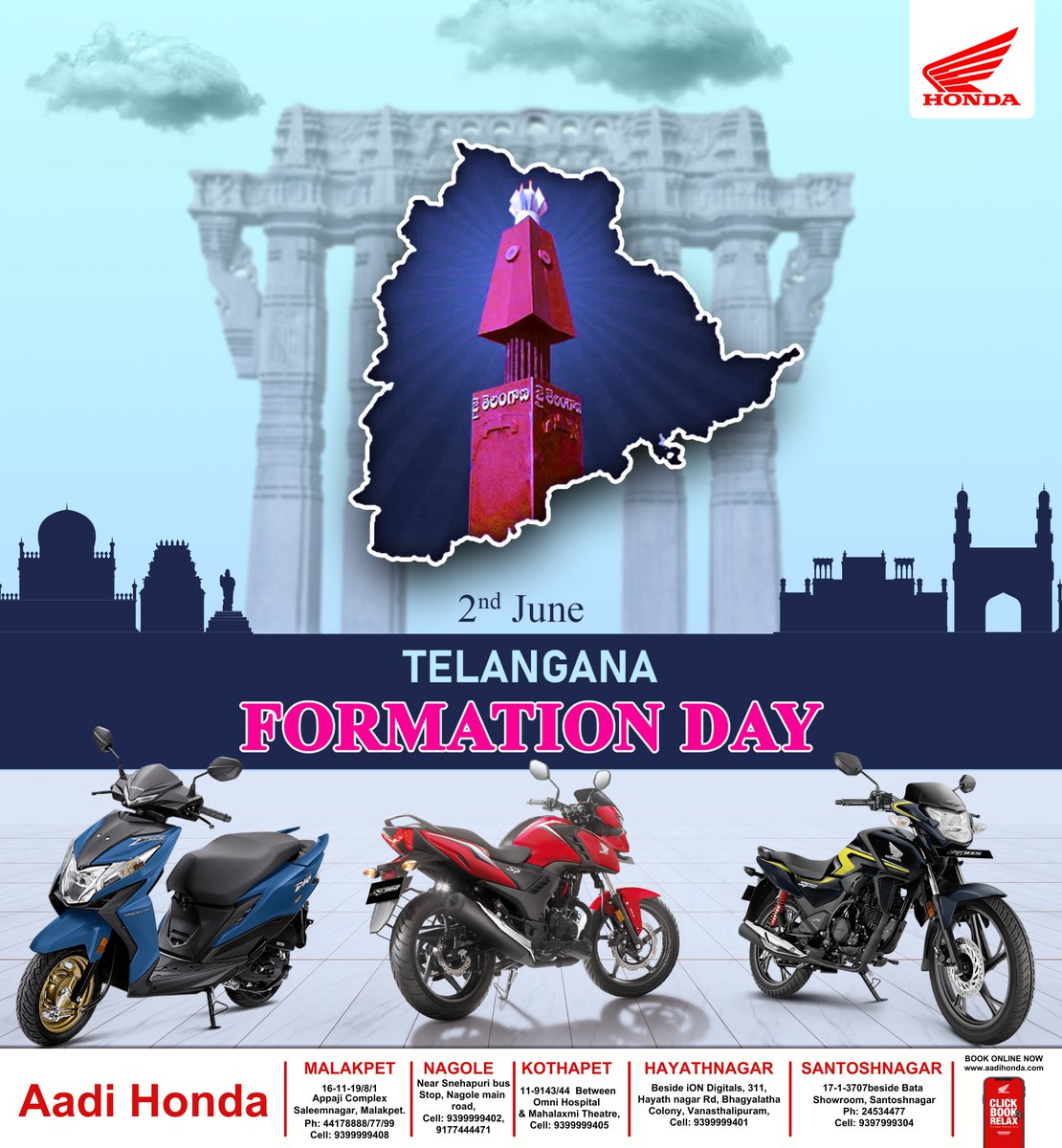 aadi_honda's tweet image. May this day inspire us to work together towards a brighter, more prosperous future for our state.
2nd June - Telangana Formation Day!
aadihonda.com
.
.
#telanagana #Hyderabad #stateformation #HondaShowroom #newbikes #Celebrations