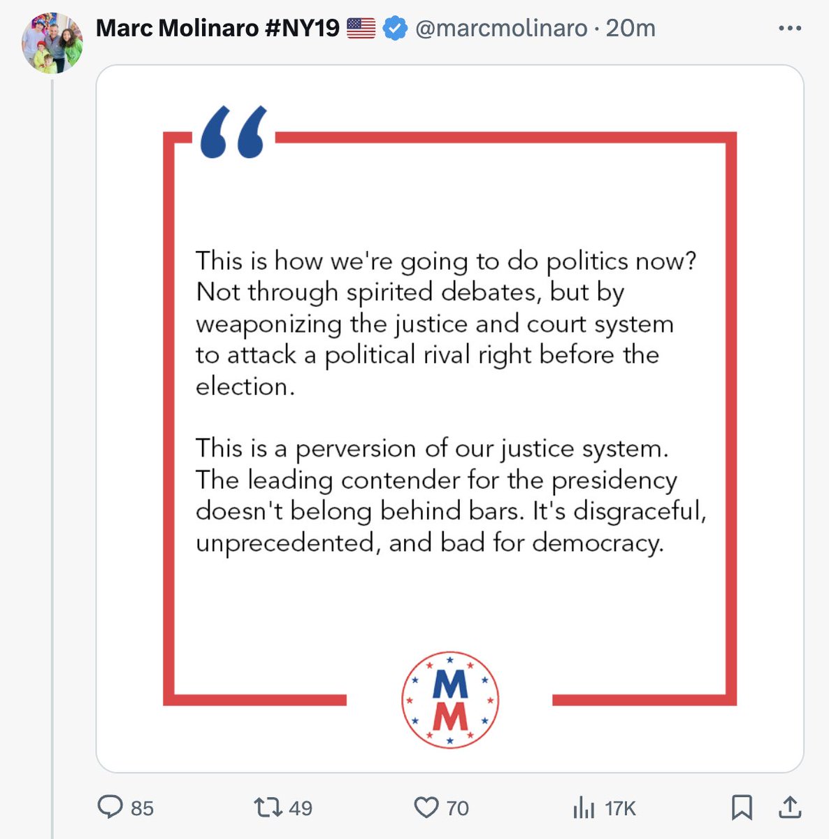 .@RepMolinaroNY19 @marcmolinaro When you lose in November, remember this statement. You went to the mattresses for a convicted felon only because he has an R after his name. You proved yourself to be small in a big moment. You besmirched our judicial system for party loyalty.