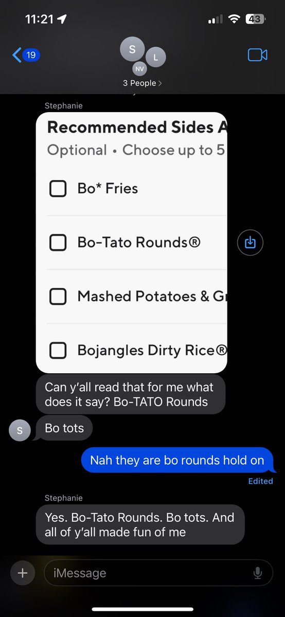 sjarias93's tweet photo. @Bojangles can you settle a dispute lol plz, one of my former co-workers doesnt believe that the BoTato Rounds used to be called Bo-Rounds.  Help settle. Idk when the name was updated but they definitely was bo-rounds at one point! Ps we did not make fun of her 😂 https://t.co/NsWTU2uw78