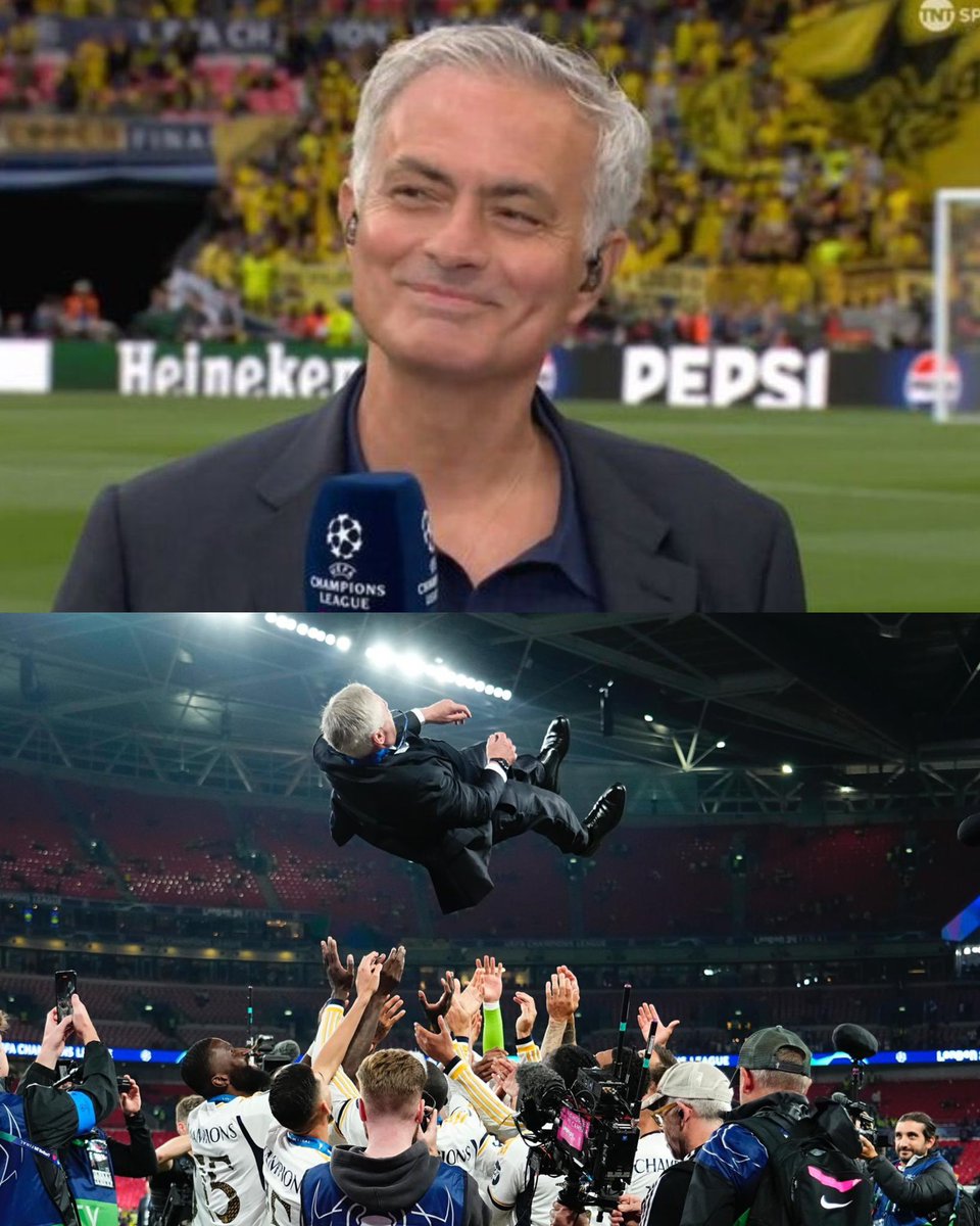 AtaqueFutbolero's tweet photo. “Ancelotti no es un DT de las redes sociales, es un DT perfecto. Ve a su oficina y mira sus medallas. Pregúntale a los hinchas del Madrid si les interesa cambiar su filosofía.

Ellos no te venden una ‘filosofía’, ellos llenan sus estantes de trofeos".

José Mourinho, hoy como comentarista en @footballontnt, y las palabras justas para Carleto. 🚬