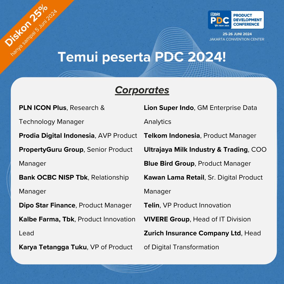 TechinAsia_ID's tweet image. Waktumu terbatas! ⏰
Lebih dari 500+ perusahaan sudah bersiap untuk #PDC2024. Belajar dari yang terbaik, jalin jaringan dengan yang terbaik di industri teknologi, dan tingkatkan strategi produk kamu.