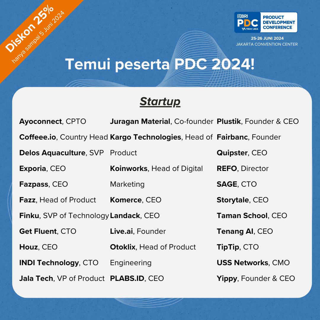 TechinAsia_ID's tweet image. Waktumu terbatas! ⏰
Lebih dari 500+ perusahaan sudah bersiap untuk #PDC2024. Belajar dari yang terbaik, jalin jaringan dengan yang terbaik di industri teknologi, dan tingkatkan strategi produk kamu.
