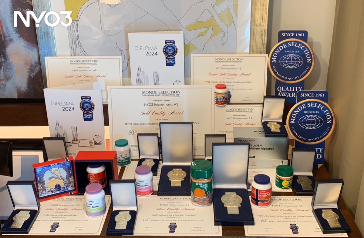 nyo3dotcom's tweet photo. Congratulations to NYO3! Nine of the products won the Monde Selections. NYO3 Antarctic Krill Oil Gold Ultra-Boost OMEGA-3 stood out as the winner of the Grand Gold Quality Award, the top award in the nutrition and health category in the Monde Selection @SelectionMonde ! https://t.co/Cx7lPb1tjz