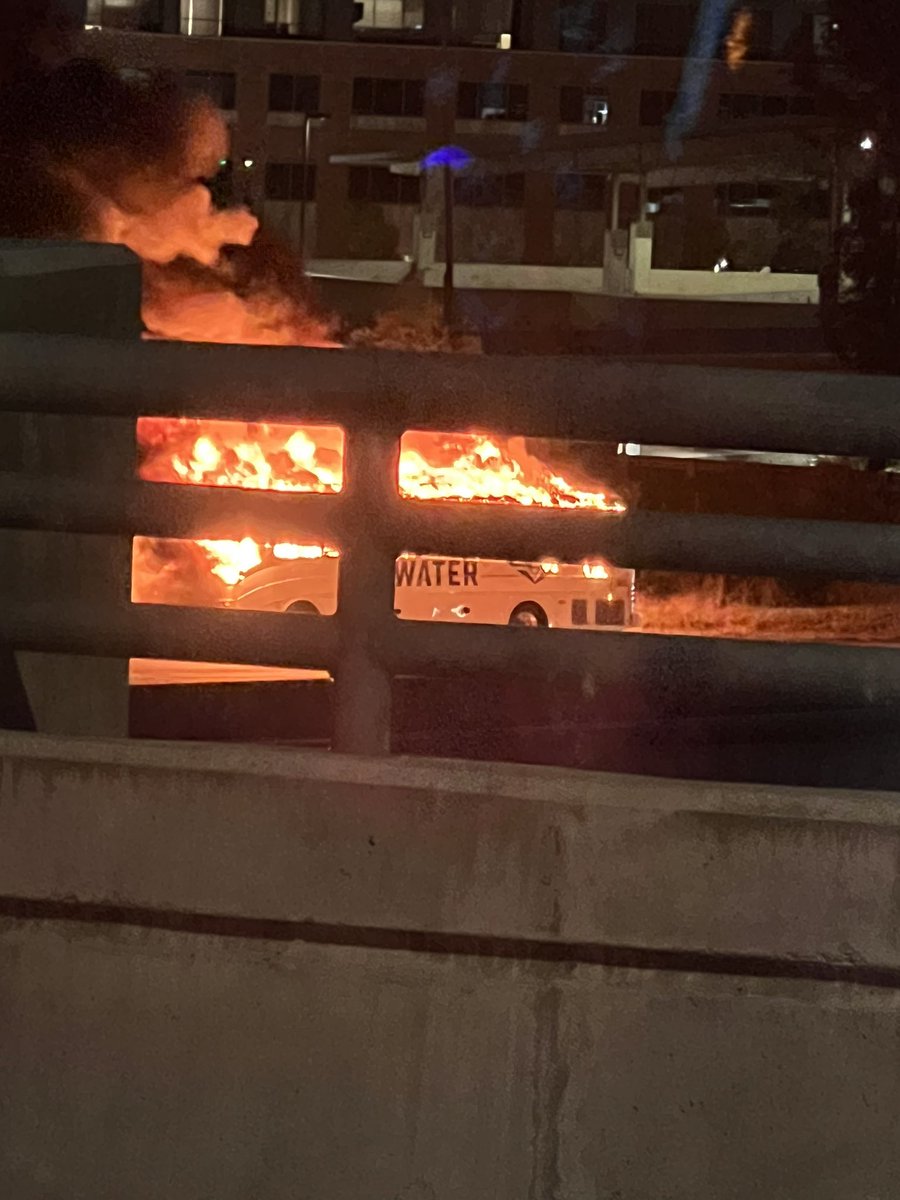 Bobbie2MD's tweet photo. @10News  Cutwater bus engulfed in flames on I-15 N at Ted Williams / 56 Saturday evening at approximately 8:15pm. https://t.co/Q6qSkJyufA