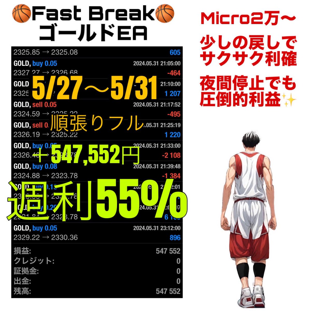 当オプチャ一番人気‼️
利確の早さはNo.1⭐️

🔥マイクロ対応2万から可能
🔥ナンピンフィルター
🔥順張り逆張り可

🏀Fast Break🏀ゴールドEA
【5/27〜5/31】フル稼働
🔥＋547,552円 週利54.7%

EAオプチャで無料配布中
↓
is.gd/HXcUOo

自動売買/ゴールド/ドル円//副業/BTC/為替介入
#ad