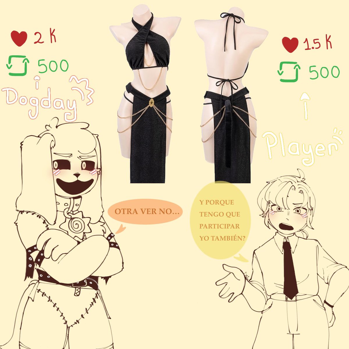 The_skim_'s tweet photo. Holas mis tilines, vi este traje y pensé primero en Dogday y segundo en player, así que ustedes decidan a cual de los dos dibujo con este vestido y si pasa de la cifra dibujo a los dos 🫂

#Poppyplaytime #Smilingcritters  #dogday #player 

(Lo subí de nuevo) https://t.co/ZFQnvLVhsK