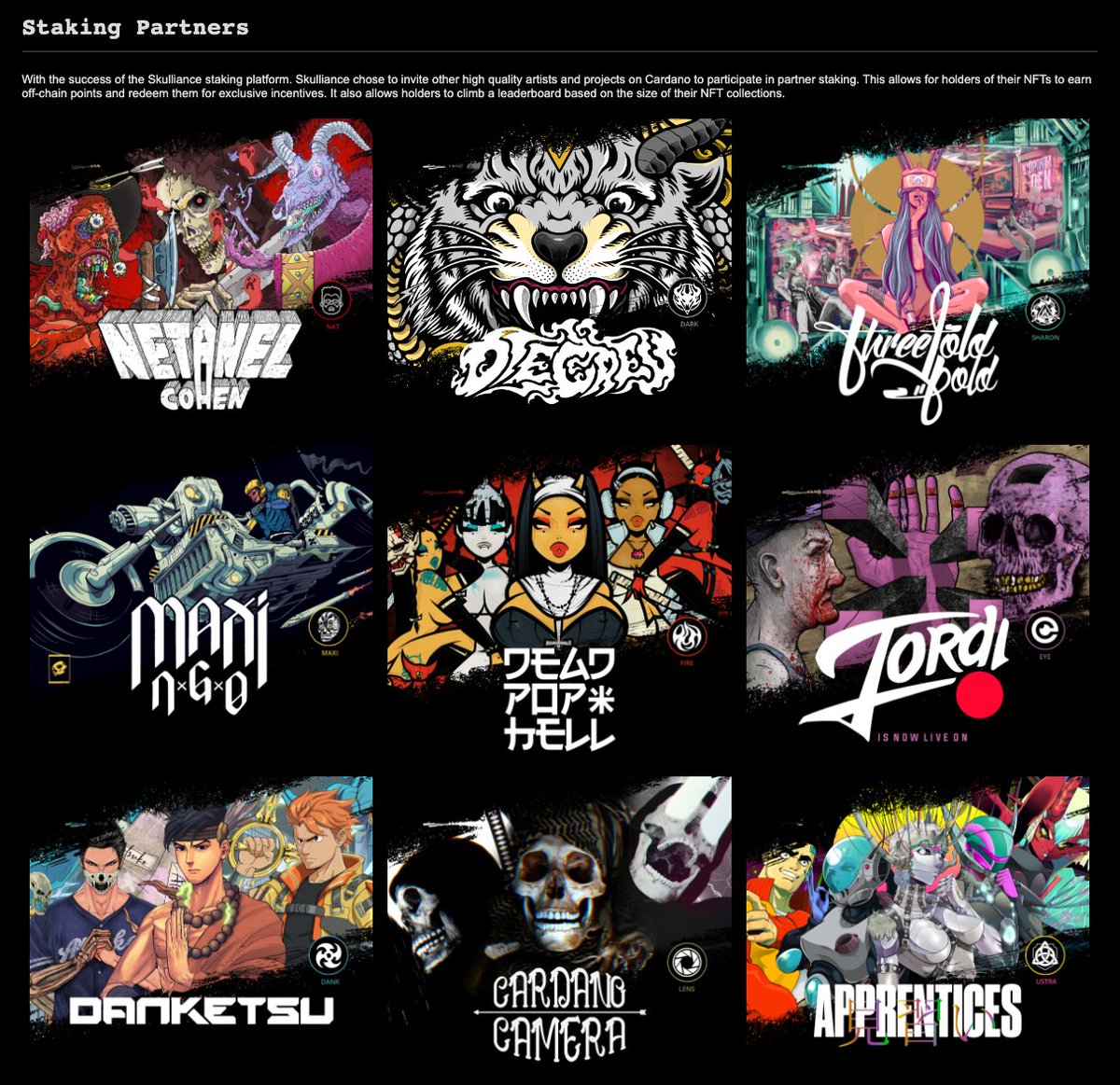 The Skulliance website now has additional content showcasing basic information about our mission, founding artists, and staking partners.

If you're interested in learning more about Skulliance, visit the website link in our bio. There are links to our server, staking platform,